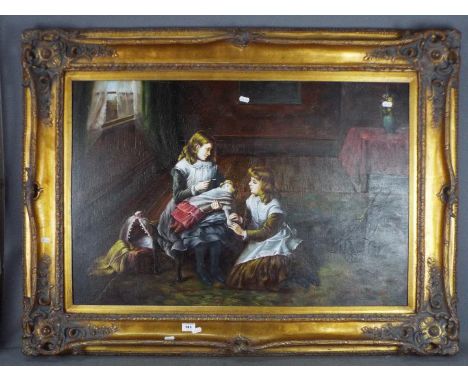 A large, ornately framed oil on canvas depicting two young girls playing with a doll, signed lower right by the artist, appro