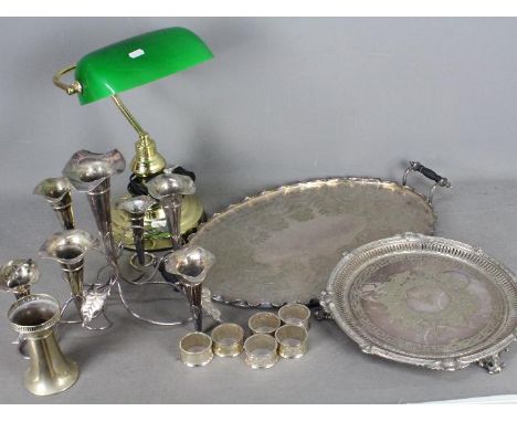 A small quantity of plated ware to include an epergne and a banker's lamp with green shade.
