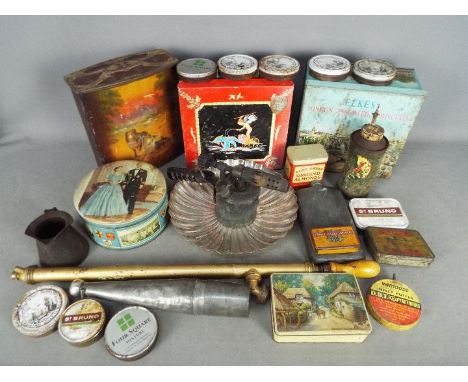 Lot to include vintage tins, plated ware, vintage blow torch, hip flask and similar.