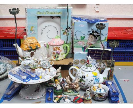 Lot to include Alice In Wonderland themed ceramics and other items, novelty teapots, glassware, tea light stands.