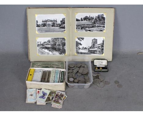 Lot to include cigarette cards, album of postcards with Isle of Wight examples, Warrington / Grappenhall and a quantity of co