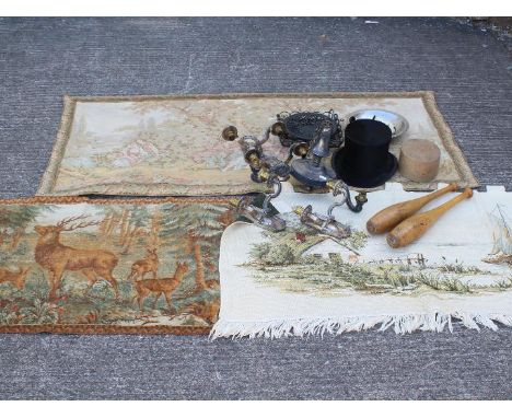 Lot to include ceiling and wall lights, vintage top hat, Indian exercise clubs, metal dishes, tapestry and similar. [2]