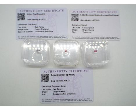 Gemstones - A 0.2 ct Thai ruby, oval shape fancy cut, 5 mm x 3.75 mm, a 0.35 ct Burmese octahedron Jedi red spinel and a 0.55