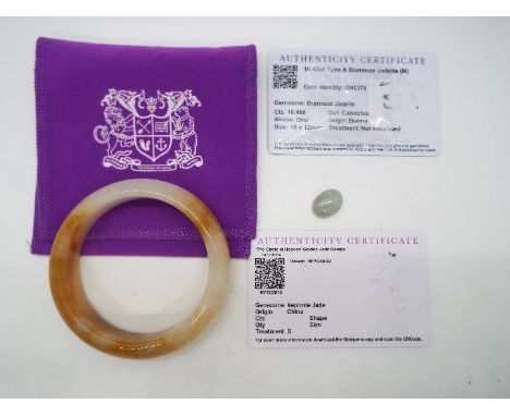 The Circle of Heaven golden Jade bangle, Nephrite Jade and a Burmese jade cabochon, 10.45 ct, both with certificates of authe