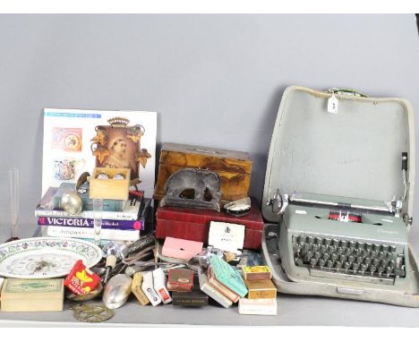 Lot to include Royal commemorative ephemera and scrap books, vintage portable typewriter, jewellery box, plated flatware, Por