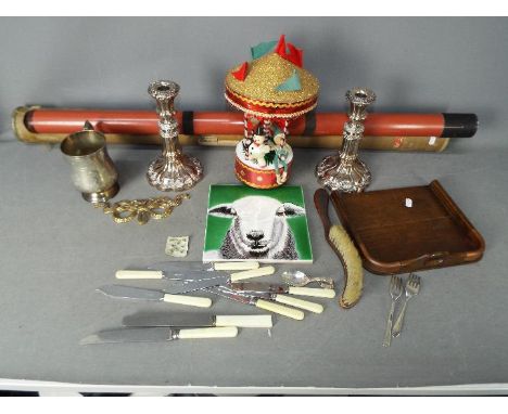 A mixed lot to include plated ware, crumb tray and brush, ceramic tile decorated with a lamb, telescope and similar. [2]
