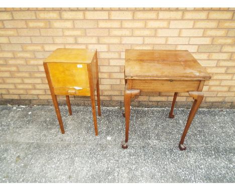 A folding card table raised on ball and claw supports, approximately 76 cm x 50 (101) cm x 56 cm and a sewing box and content