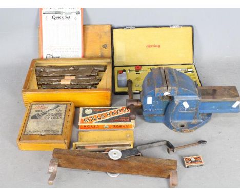 Lot to include vintage tools, a boxed Rolls Razor and a cased Rotring drawing set.