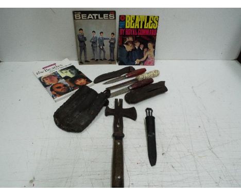 Beatles books and Vintage Knives. Swordfish / Axe / Asian or Turkish hammer together with other old knives and leather Sheath