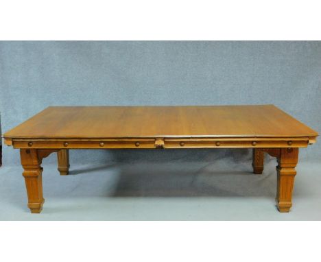 A late Victorian oak three quarter size snooker table converting to a dining table with five leaves by E. J. Riley Ltd, Accri