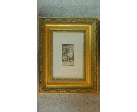 A carved gilt framed antique engraving of a man and his horse hunting with a dog in the forest. 40x32cm 