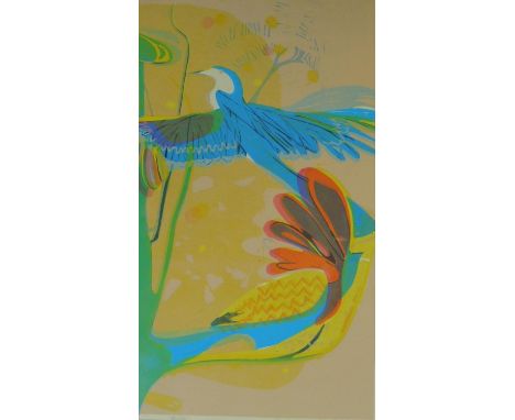 A framed and glazed vintage limited edition coloured lithograph of stylised tropical birds, titled 'Birds'. Edition 5/10. Sig
