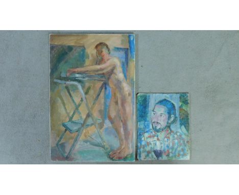 Basil Nubel (British, 1923-1981) Oil on canvas, portrait together with an oil on board, male nude, one signed.76x51cm (larges