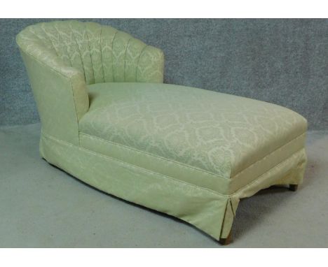 A mid 20th century day bed in scalloped pale jade damask upholstery. H.70 W.125 D.65cm 