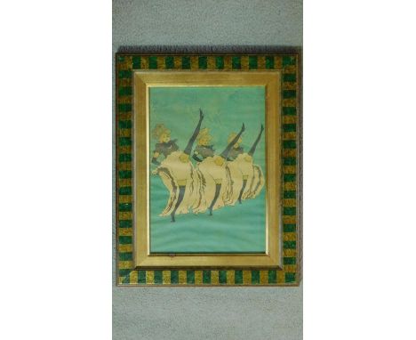 A framed and glazed 19th century coloured lithograph, Lautrec style Can-can. 34x43cm 