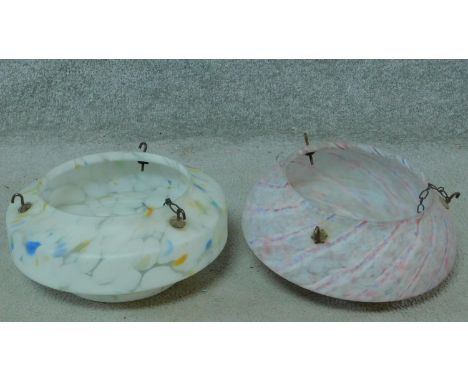 Two Art Deco marbled coloured glass ceiling pendant light shades. 15x35cm 