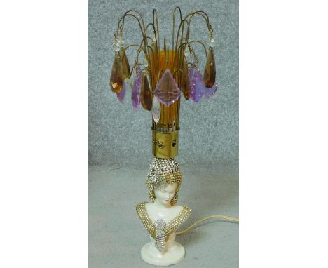 An vintage hand decorated ceramic female bust lamp with diamante detailing and coloured crystal drops on the brass umbrella f