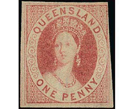 (x) Queensland1860 wmk. Large Star, imperf 1d. carmine-rose, good to large margins on three sides, touched at upper right, un