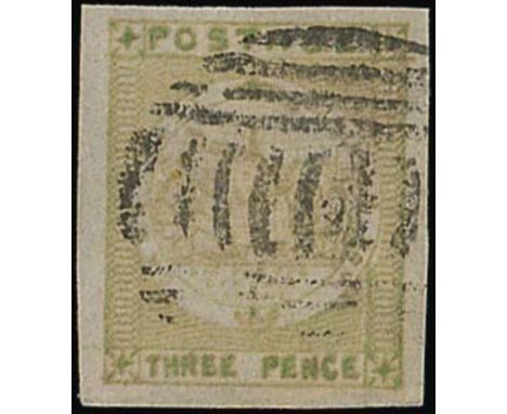(x) New South Wales1850-51 Sydney ViewsThree PenceYellow-green on bluish to grey wove paper, large margins, cancelled by dumb