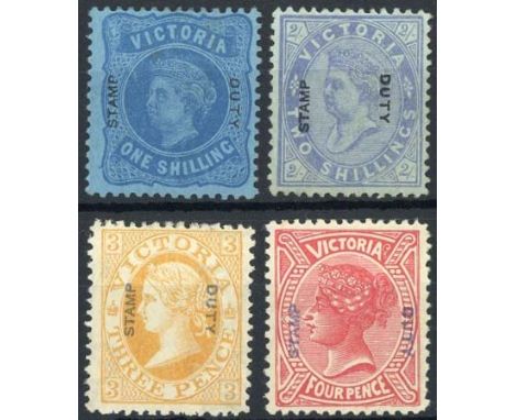 (x) Victoria1885 (Feb.-Nov.) overprinted "stamp duty", watermark V over Crown Type 19 1/- pale blue on blue, 2/- ultramarine 