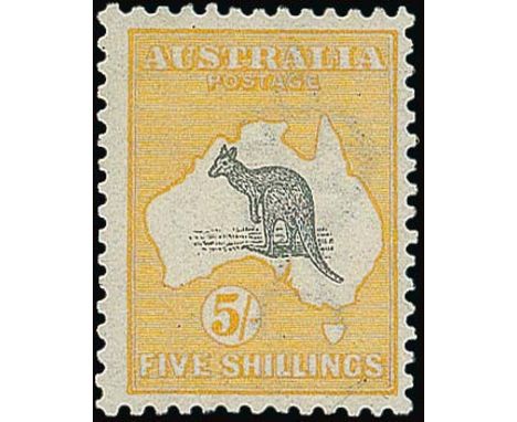 (x) Australian CommonwealthKangaroo IssuesFirst Watermark5/- grey and yellow, fine unmounted mint. BW 42, $5000; S.G. 13, £45