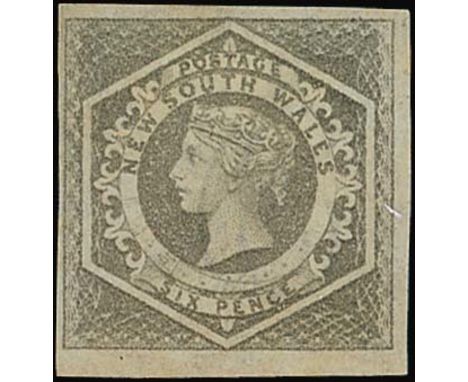 (x) New South Wales1854-59 Diadem, imperf 6d. grey with good to large margins on three sides, close at left, unused without g