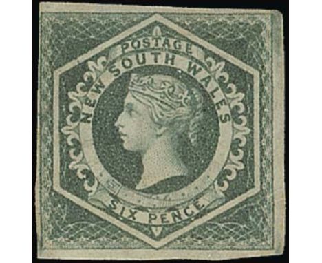 (x) New South Wales1854-59 Diadem, imperf 6d. greenish grey, good margins on three sides, cut close at left, unused with part