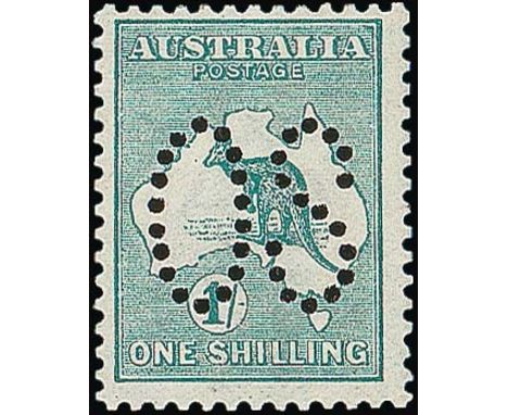 (x) Australian CommonwealthOfficial StampsKangaroo Issues1913 1/- emerald, perf large "OS", fine unmounted mint. S.G. O10, £3