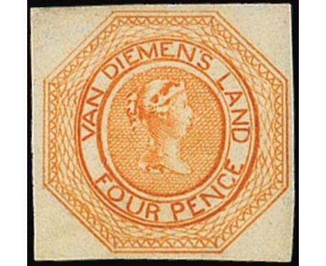 (x) Tasmania1853 (Nov.) Plate II, 4d. orange [4], good to large margins, unused with part original gum, fine. B.P.A. Certific