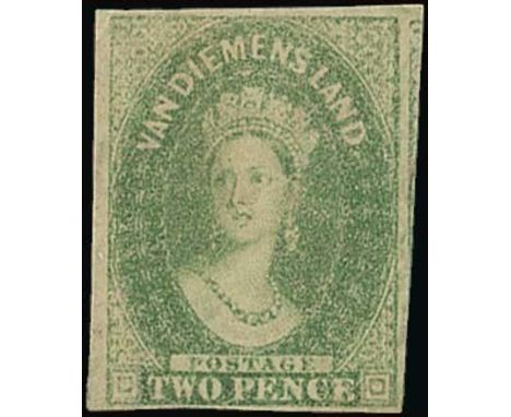 (x) Tasmania1857-67 watermark double-lined numeral, 2d. yellow-green with small to large margins showing portion of adjoining