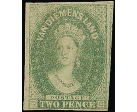 (x) Tasmania1857-67 watermark double-lined numeral, 2d. yellow-green with small to large margins showing portion of adjoining