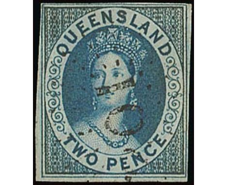 (x) Queensland1860 wmk. Large Star, imperf 2d. blue, small to large margins, cancelled "201", fine. B.P.A. Certificate (2014)