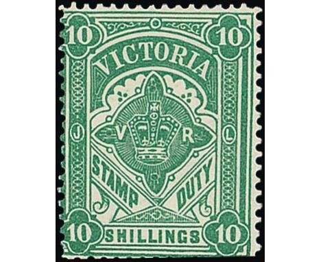 (x) Victoria1884-96 Stamp Duty, typo, watermark V over Crown (Type 33), 10/- dull bluish green, unused, regummed, fine. S.G. 