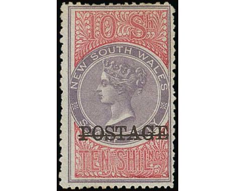 (x) New South Wales1885-86 overprinted "postage" in black, 10/- lilac and claret, perf 12, unused with large part original gu