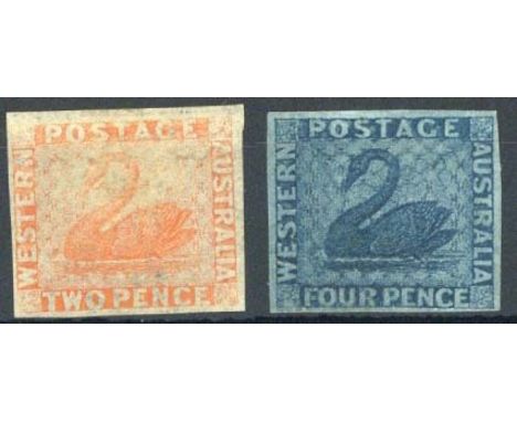(x) Western Australia1860-64 imperf 2d. pale orange and 4d. blue, both with small to good margins and unused without gum, fin