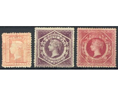 (x) New South Wales1860-72 Diadem, perf 13 1d. dull red, 6d. violet and 1/- rose-carmine, all unused, the 1/- without gum, th
