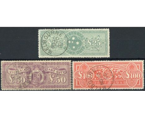 (x) Victoria1884-90 litho, watermark V over Crown (Type 33), £25 dull blue-green, £50 dull purple (small thin at top) and £10