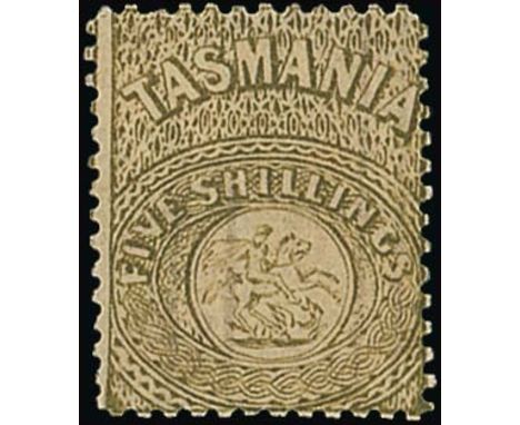 (x) TasmaniaPostal Fiscal Stamps1863-80 watermark double-lined "1", perf 12 5/- sage-green, unused with part original gum, fi