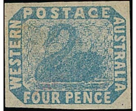 (x) Western Australia1854-55 imperf 4d. blue, good to large margins, fine unused. S.G. 3a, £450. Photo  Subject to 5% tax on 