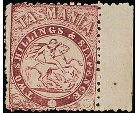 (x) TasmaniaPostal Fiscal Stamps1863-80 watermark double-lined "1", perf 12½ 2/6d. carmine with margin at right, unused with 