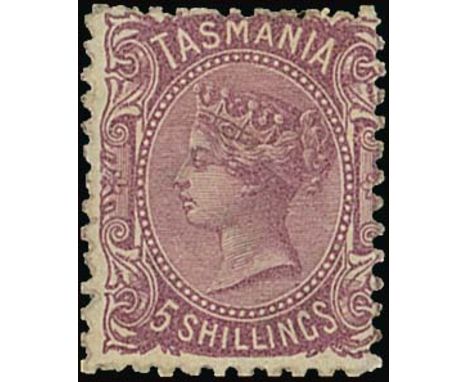 (x) Tasmania1871-78 Sideface, perf 11½ 5/- purple, centred to upper right, unused with part original gum. S.G. 149, £325. Pho