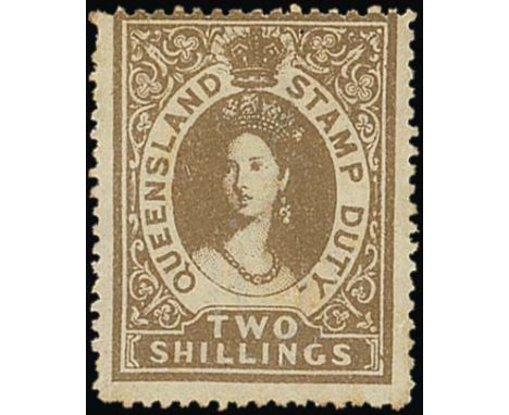 (x) QueenslandPostal Fiscals1866-68 wmk Crown over Q, 1/- blue-green and 2/- brown, both unused with part or large part origi