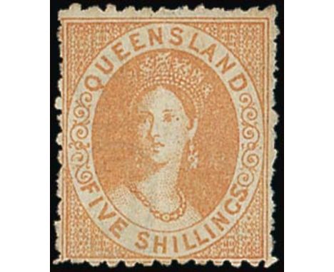 (x) Queensland1880 lithographed, watermark Crown over Q, 5/- yellow-ochre, unused with part original gum, fine. S.G. 124, £45