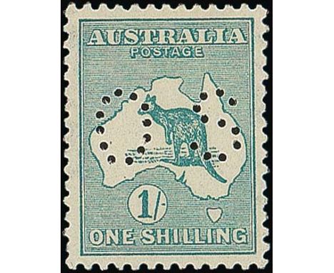 (x) Australian CommonwealthOfficial StampsKangaroo Issues1915 second watermark, 1/- blue-green, perf small "OS", fine lightly
