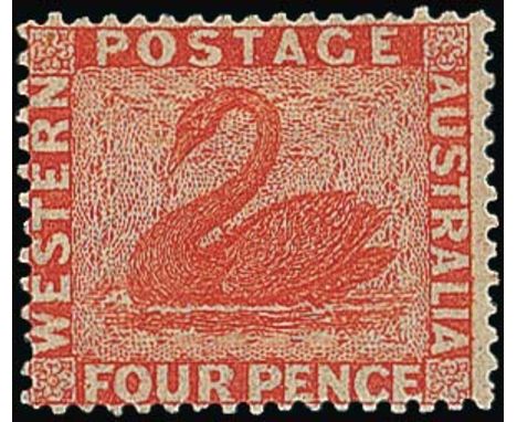 (x) Western Australia1861 perf 14 at Somerset House, 4d. vermilion, unused with small part original gum, fine. S.G. 40, £450.