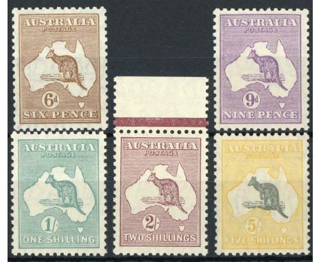 (x) Australian CommonwealthKangaroo IssuesSmall Multiple Watermark6d., 9d., 1/-, 2/- (marginal) and 5/-, fine unmounted mint.
