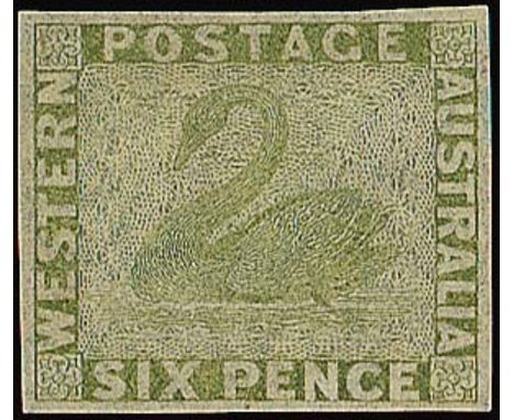 (x) Western Australia1860-64 imperf 6d. sage-green, god margins, unused without gum, treated to reduce tiny stain spot at foo