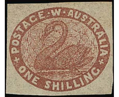 (x) Western Australia1854-55 imperf 1/- deep red-brown, good to large margins, unused, fine. B.P.A. Certificate (2014). S.G. 