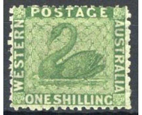 (x) Western Australia1864-79 CC 1/- bright green, fine unused with large part original gum. S.G. 61, £250  Subject to 5% tax 