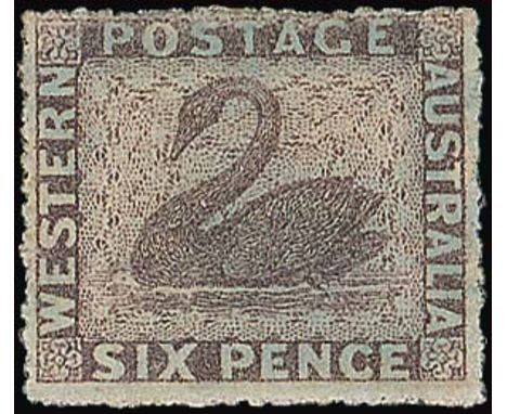 (x) Western Australia1861 perf 14-16 very rough, 6d. purple on blued paper, unused with part original gum, thin spot at top a